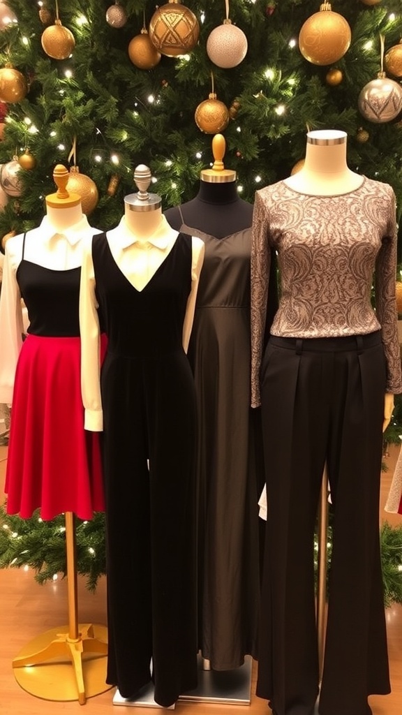 Stylish dressy outfits for teens displayed in a festive Christmas setting.